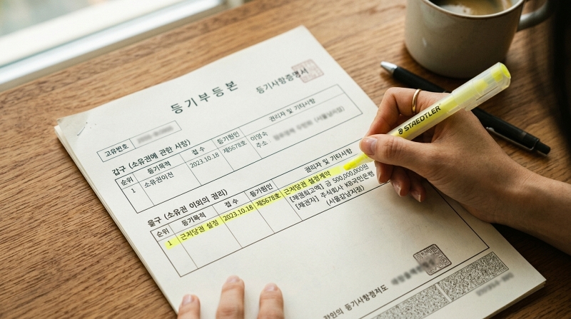 등기부등본 서류 클로즈업 - '갑구 (소유권에 관한 사항)