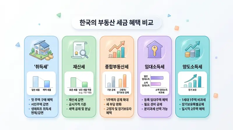 5가지 부동산 세금 혜택 비교 인포그래픽