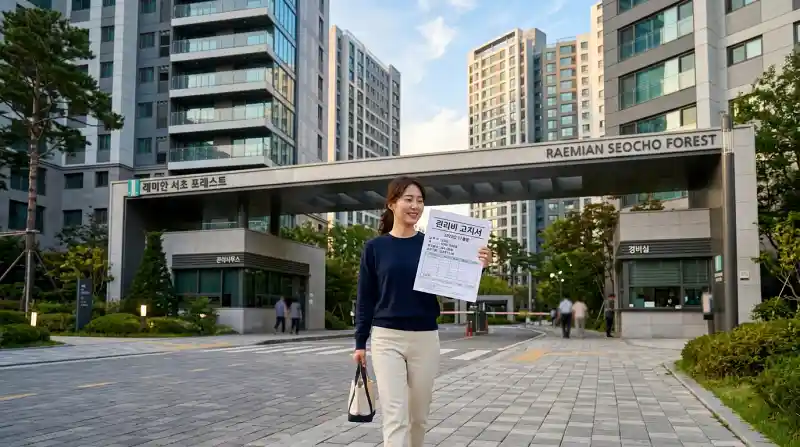 관리비 고지서를 든 사람과 아파트 단지 입구