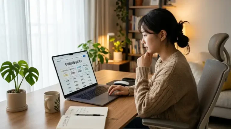 노트북으로 주택담보대출 금리 비교하는 장면