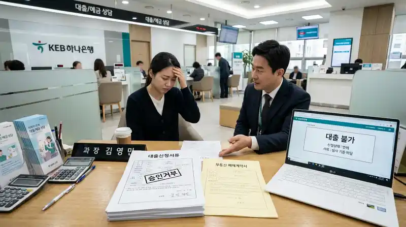 '대출 서류', '승인 거부', '대출 불가' 한글이 보이는 은행 대출 상담 데스크