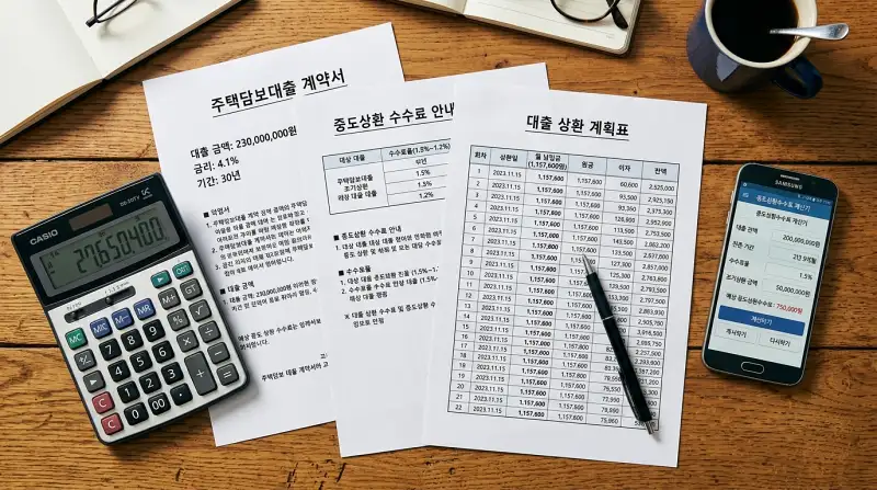 대출 서류와 중도상환 계산기가 있는 책상 오버헤드 샷
