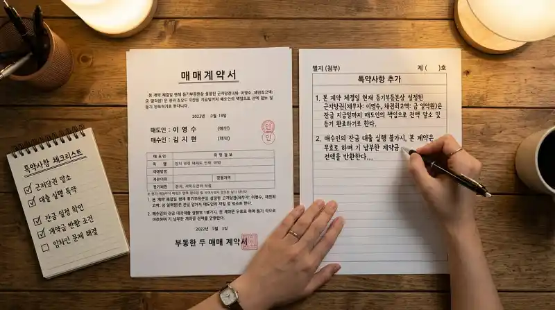  '별지', '특약사항 추가', '매매계약서'가 보이는 문서에 손으로 특약을 작성하는 장면 