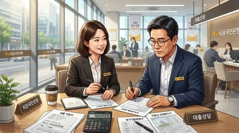 사업자가 은행 상담 데스크에서 주택담보대출 서류와 감정평가서를 검토하는 장면