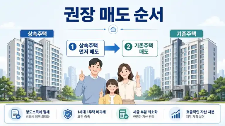 상속주택 양도세 비과세 매도 순서를 보여주는 한국 부동산 가족 시나리오 그래픽
