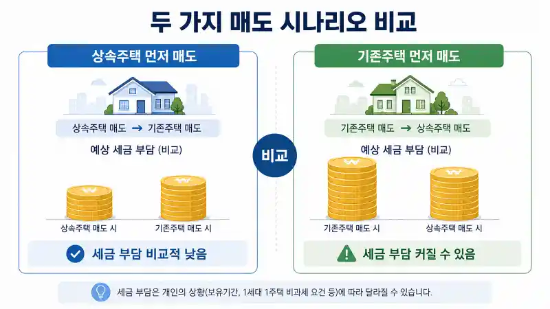 일반주택 우선 매도와 상속주택 우선 매도의 양도세 차이를 비교한 표 그래픽