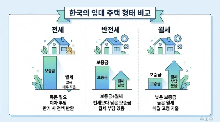 전세·반전세·월세 3가지 임대유형 비교 인포그래픽