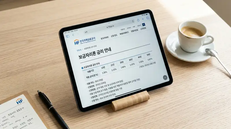 태블릿에 한국주택금융공사 보금자리론 페이지 표시