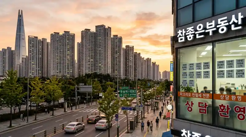 황금빛 노을의 잠실 아파트 단지 전경