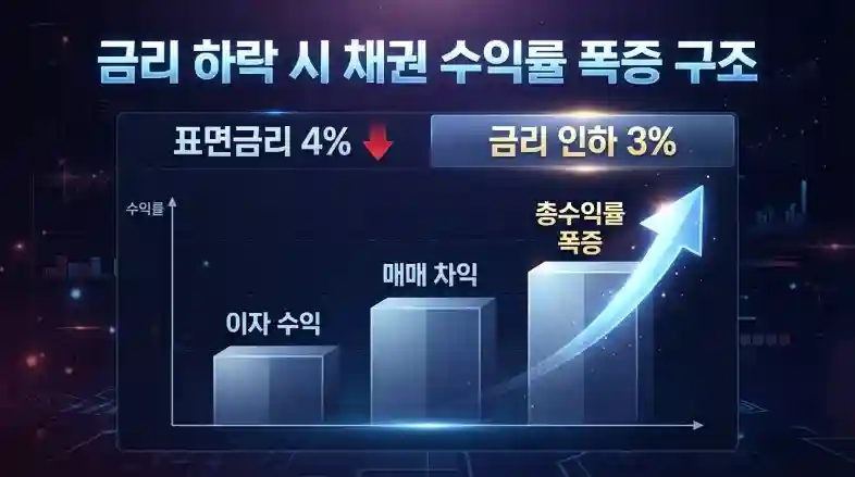 금리 하락(4%->3%) 시 이자 수익과 매매 차익이 더해져 총수익률이 폭증하는 구조도