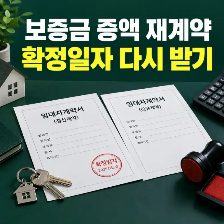 보증금 증액 재계약 후 증액 계약서에 확정일자를 다시 받는 임차인의 책상 위 계약서와 도장