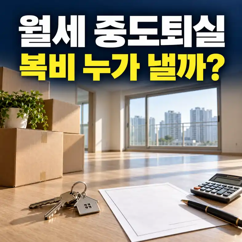 월세 중도퇴실 중개수수료 정산을 준비하는 이사 상자와 집 열쇠, 계약서와 계산기