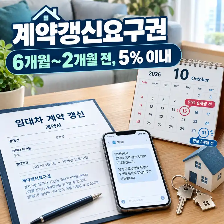 임대차 계약 갱신 계약서와 만료 기한이 표시된 달력, 집 열쇠