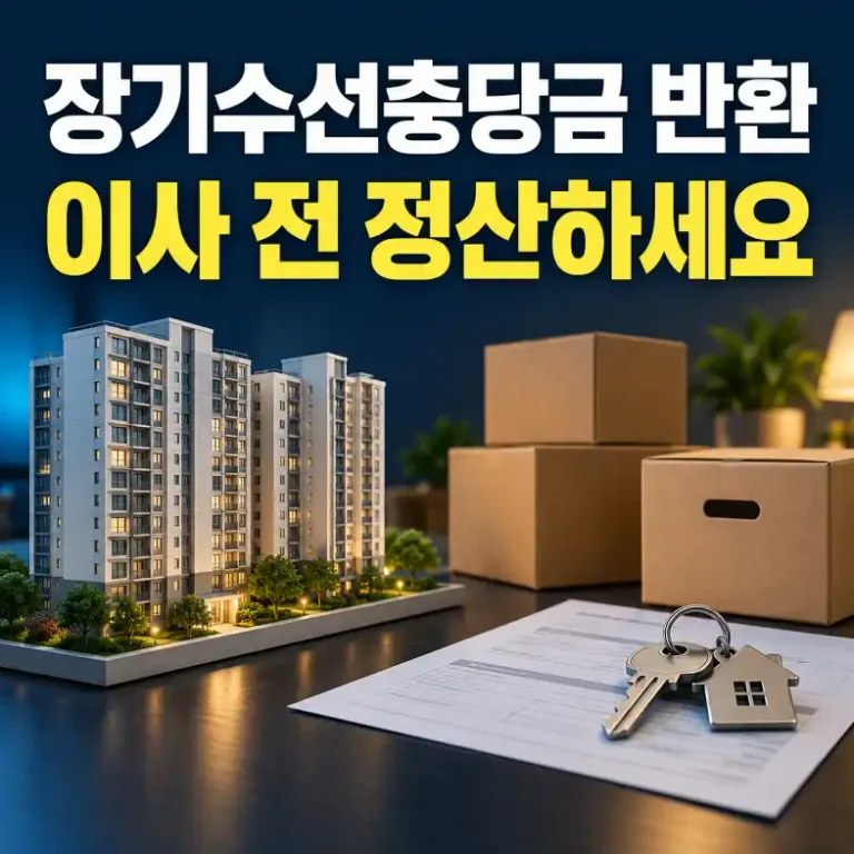 장기수선충당금 반환 정산을 준비하는 아파트 모형과 이사 상자, 납부서류