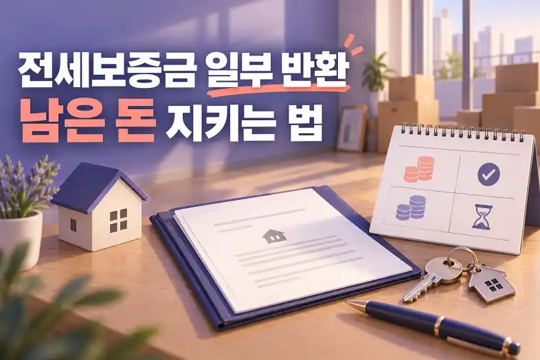 전세보증금 일부 반환 후 남은 돈을 확인하는 계약서와 열쇠