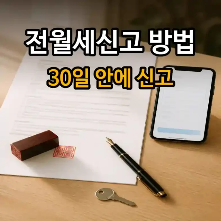 주택 임대차 계약서와 스마트폰 온라인 신고 화면, 전월세신고 30일 기한과 신고 방법을 설명하는 임차인 장면