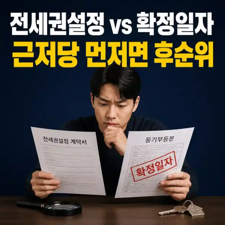전세권설정과 확정일자의 차이를 계약서와 등기부등본으로 비교하며 근저당 순위를 확인하는 임차인