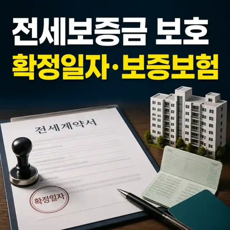 전세보증금 보호 — 전세계약서에 확정일자 도장을 찍고 통장과 아파트 모형을 확인하는 장면