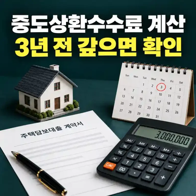 중도상환수수료 계산을 위해 대출 약정서의 잔여기간과 수수료율을 계산기로 확인하는 직장인
