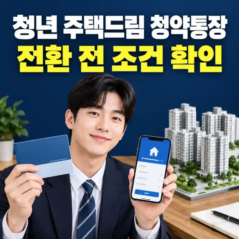 청년 주택드림 청약통장 조건을 확인하며 통장과 은행 앱 화면으로 전환 가능 여부를 살펴보는 무주택 청년